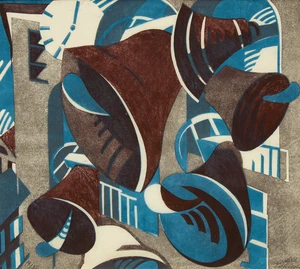 Lill Tschudi,&nbsp;Swiss 1911-2004,&nbsp;Bells [Coppel LT 58], 1937;&nbsp;linocut in colours on thin paper,&nbsp;signed...