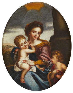 Venetian School, 
		early 18th century- 
		The Virgin and Child with Saint John the Baptist; and The Nursing Madonna; 
		oils on canvas, ovals, 39 x 33.5 cm