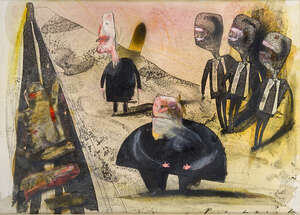 
	
		Ian Pollock, 
		British b.1950 - 
		 
		Five men in a tunnel; 
		 
		watercolour and...