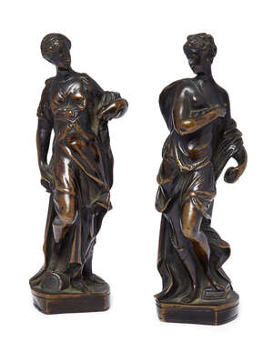 
	
		A pair of Italian bronze female figures, after Tiziano Aspetti, 18th/19th century, each...