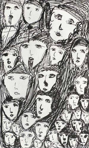 
	
		Madge Gill, 
		British 1882-1961- 
		 
		Sketch of Faces on a postcard; 
		 
		pen...