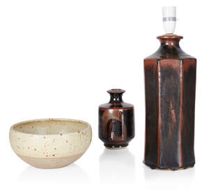 
	
		Group of Studio Pottery,
		 
		Winchcombe Pottery bowl part glazed in buff matt glaze...