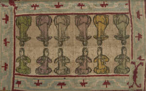 A silk embroidered velvet panel, Persia, 19th century, with two rows of seated pairs of women in...