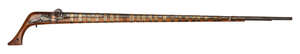
	
		A Chinese match-lock rifle, circa 1800, inscription to wooden stock, with brass banding...