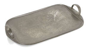 
	
		Liberty & Co., 
		 
		Tudric tray, model no.043, circa 1901, 
		Hammered pewter, 
		