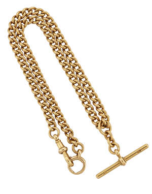 An 18ct  gold watch chain, of curb link design with bolt ring and clip terminals and sliding 'T' bar attached, partial hallmarks, length 44.0cm, 73.8g