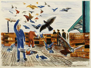 
	
		Alistair Grant ARCA RBA, 
		British 1925-1997- 
		 
		Pigeon Racing, 1957;
		 
		