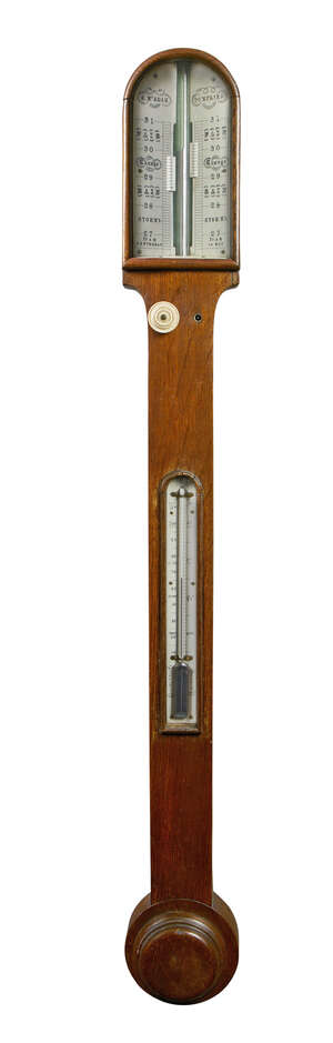 
	
		A Victorian oak cased barometer by R McAdam, Dumfries, the fair/rain/storm ivory...