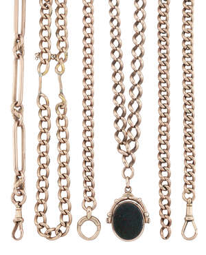 Four late 19th/early 20th century 9ct gold watch chains and a 9ct gold bracelet, including a watch chain of fancy fetter link design and a curb chain with oval