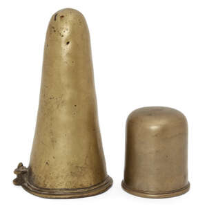 
	
		Two brass lingas, India, 19th century,
		the larger one of conical form with a small...