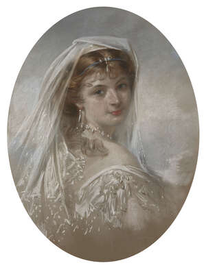 
	
		British School, 
		mid-19th Century- 
		Portrait of a bride, bust-length, turned to the...