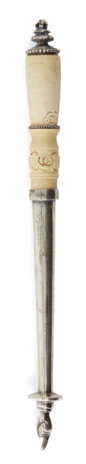 
	
		A small 19th century Continental Torah pointer, yad, unmarked, the ivory handle decorated...