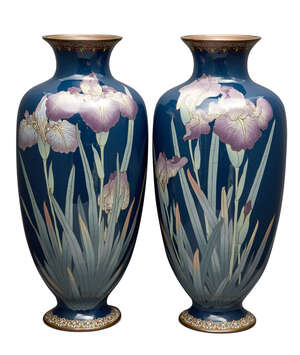 
	
		A pair of large Japanese cloisonné baluster vases, Meiji period, decorated with irises on...