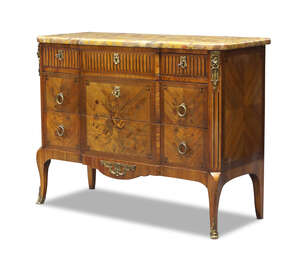 
	
		A Louis XVI style kingwood, marquetry and gilt metal mounted commode, late 19th/early...