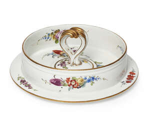 
	
		A Meissen ice cream cooler lid, 19th century, with an entwined leaf form handle, overall...