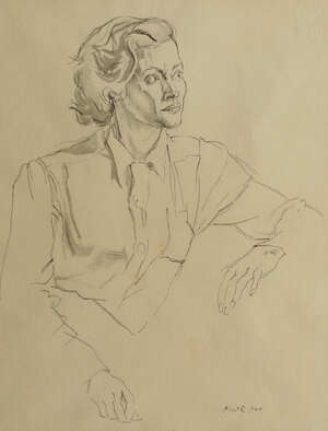 Albert Daniel Rutherston NEA RWS, 
		British 1881-1953- 
		 
		Seated woman leaning on her left arm; 
		 
		pen and wash, signed and dated 1944, 39.5x26