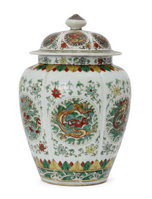 
	
		A Chinese porcelain wucai lobed jar, Qing dynasty, painted in enamels to the body with...