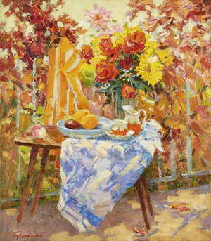 
	
		Guennadi Bernadski,
		Russian b.1956-
		 
		'Nature morte d'automne', 1996;
		 
		oil on...