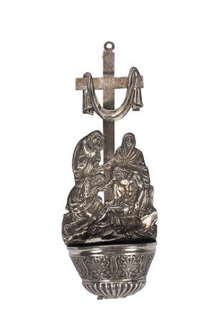 
	
		A Continental silver repousse work water stoup, 19th century, the back plate in the form...