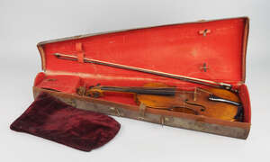 
	
		A three quarter sized Continental violin, stamped to the reverse Hopf, Nach, together...