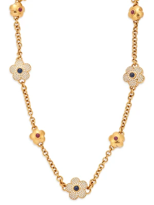 A diamond and gem-set necklace,&nbsp;designed as series of floral links with cabochon sapphire or...