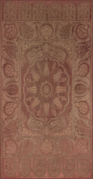 
	
		An Ottoman velvet Yastik (cushion cover), 18th century, probably Scutari, the gold ground...