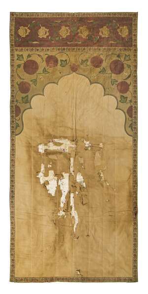 A Mughal printed cotton panel for a tent (Qanat), India, 18th century, of rectangular form, the cusped arch containing a plain cream ground, the spandrel with 