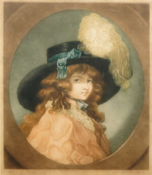 
	
		Henry T Greenhead, British exh 1896-1910- Portrait of a lady in a plumed hat; mezzotint...