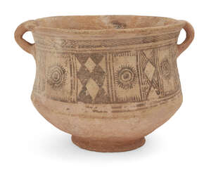 
	
		A buffware pottery vessel with hatched decoration, Persia, 3rd millenium BC, on a raised...