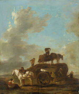 Follower of Klaes Molenaer, 
		Dutch c.1630-1676- 
		 
		Villagers haymaking on the brow of a hill with cloudy skies; 
		 
		oil on panel, 44x37.5cm (un