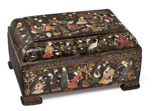 
	
		A  Qajar lacquered papier-mache casket, Iran, 19th century, of typical rectangular form...