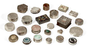 
	
		A group of small trinket and pill boxes, including three enamelled examples; one by Henry...