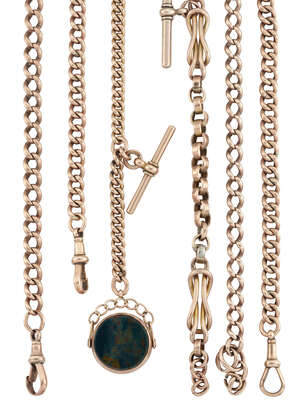 A group of six late 19th/early 20th century gold chains, including four 9ct gold watch chains, a 9ct gold bracelet and a further gold watch chain with bloodsto