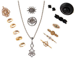 
	
		A Collection of jewellery: comprising five gold gem-set rings;  four gold bar brooches;...