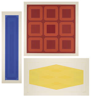 
	
		Peta Strand, 
		British 20th Century- 
		 
		Red, Blue and Yellow abstracts; 
		 
		