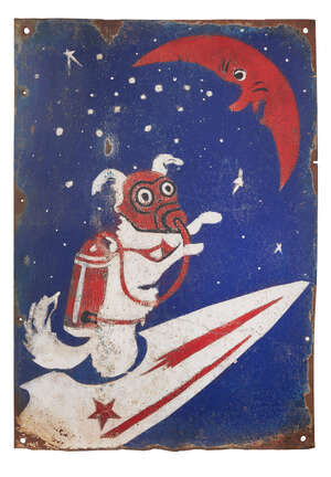 
	
		A tin plate sign of Laika, circa. 1950's, depicted on a rocket wearing  breathing...