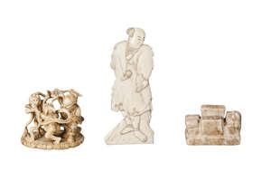
	
		A Japanese ivory netsuke, late 19th century, carved as Shoki fighting two oni, signed to...