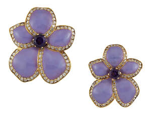 
	
		Two diamond, amethyst and enamel flower brooches, each graduating in size, with central...
