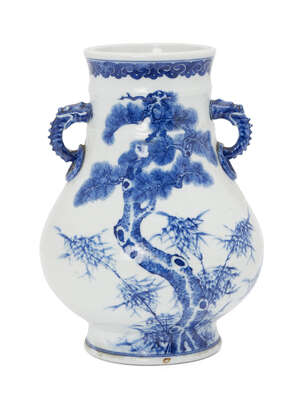 
	
		A Chinese porcelain vase, hu, Republic period, painted in underglaze blue with prunus...