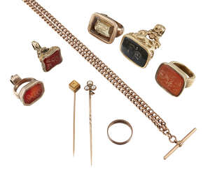 
	
		A small group of fob seals and jewellery, comprising: four gold cased 19th century fob...