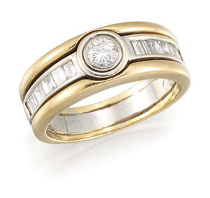 
	
		A diamond single stone ring, the single round brilliant-cut diamond collet with baguette...