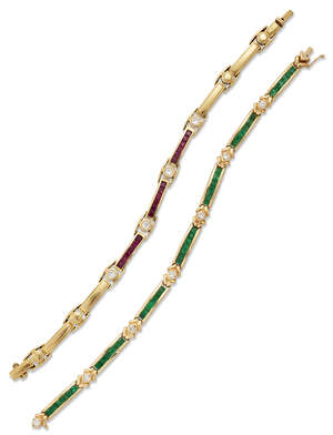 
	
		A ruby and diamond bracelet and an emerald and diamond bracelet, the first composed of...