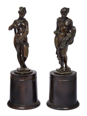 
	
		A pair of French bronze models of Apollo and Diana, after the model by Jean Jacques...