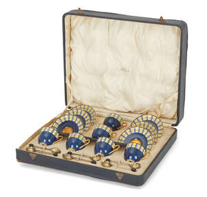 
	
		A Royal Worcester blue-ground coffee-service, in the Art Deco style, printed factory...