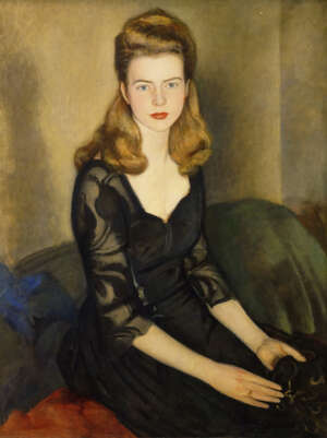 
	
		Francis William Helps RBA, British 1890-1972- Miss Cunnigton; oil on canvas, signed and...