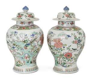 
	
		A large pair of Chinese jars and covers, 19th century, painted in famille verte enamels...
