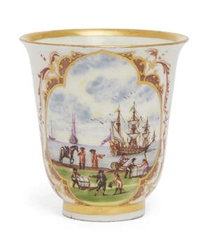 
	
		An early Meissen tall beaker, 18th century, with a gilt line to the slightly everted rim,...