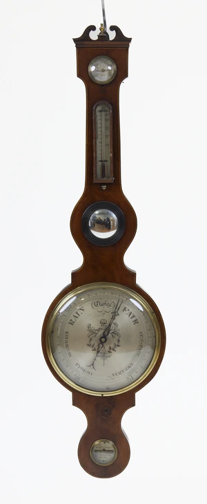 A George III mahogany and fruitwood strung wheel barometer, signed Rosaspini Tunbridge Wells,...