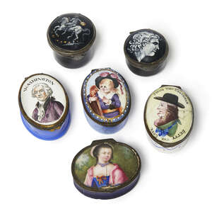 
	
		A group of six enamel patch boxes, late 18th/19th century, including a double portrait of...