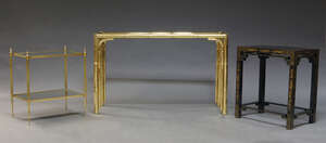
	
		A French brass console table, c.1960, the rectangular top with glass top, on bamboo form...